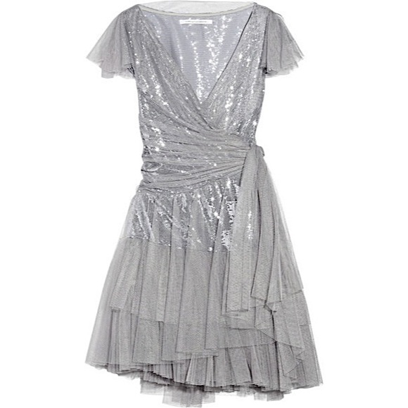 DVF Yadira Silver Sequin Tulle Runway Wrap Dress - Picture 5 of 7